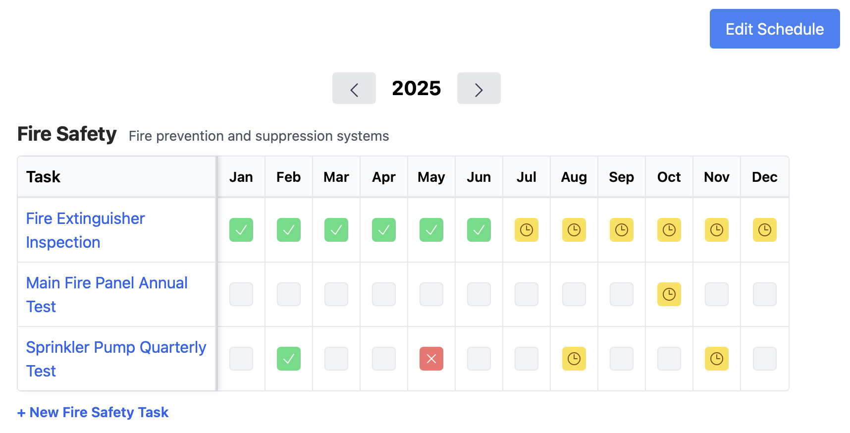 LuminaFM PM Task Matrix showing color-coded monthly maintenance schedule