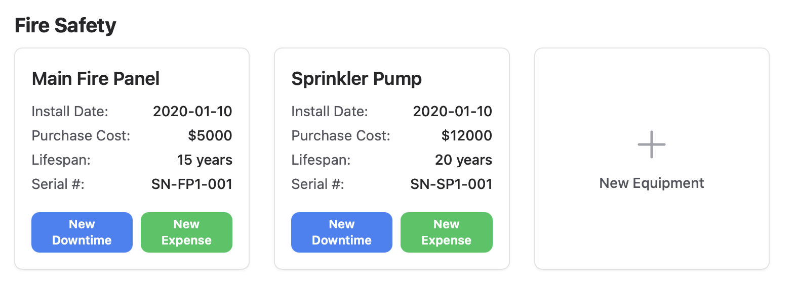 LuminaFM Equipment tracking cards showing asset details