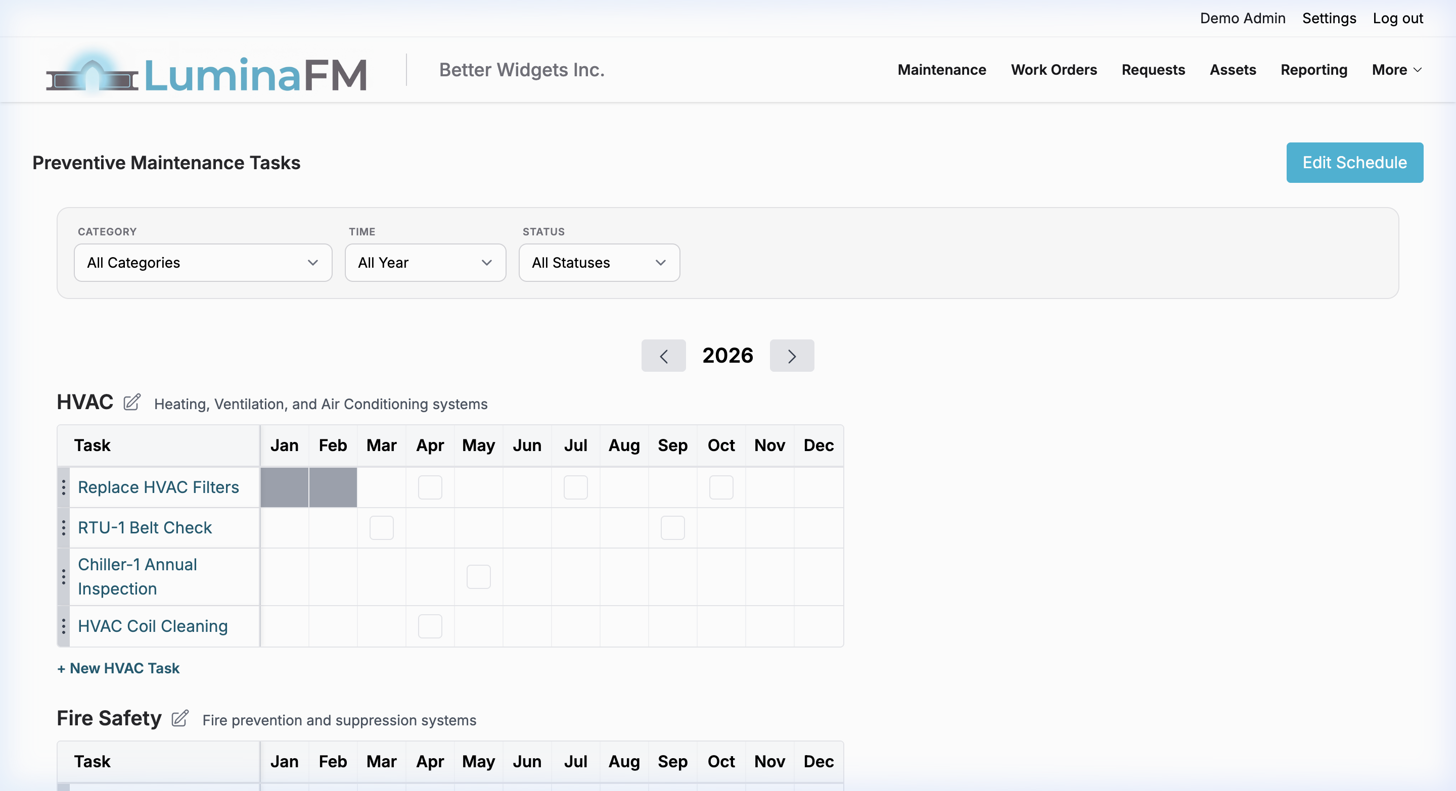 LuminaFM PM Task Matrix — color-coded preventive maintenance schedule