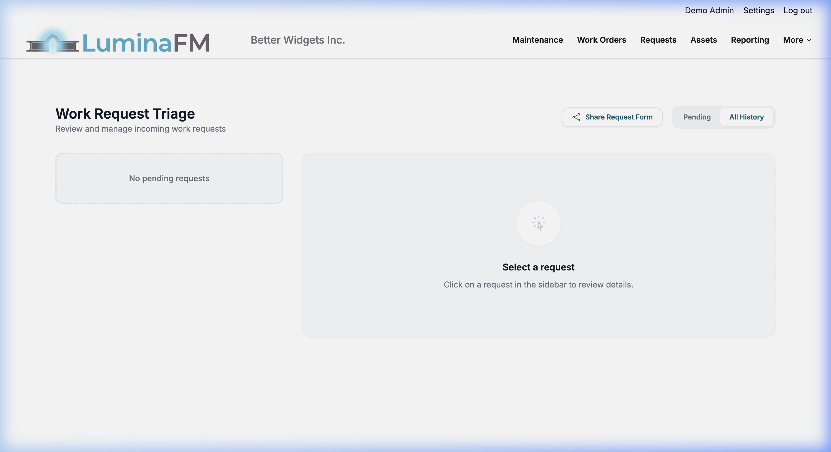 LuminaFM Work Request Triage interface